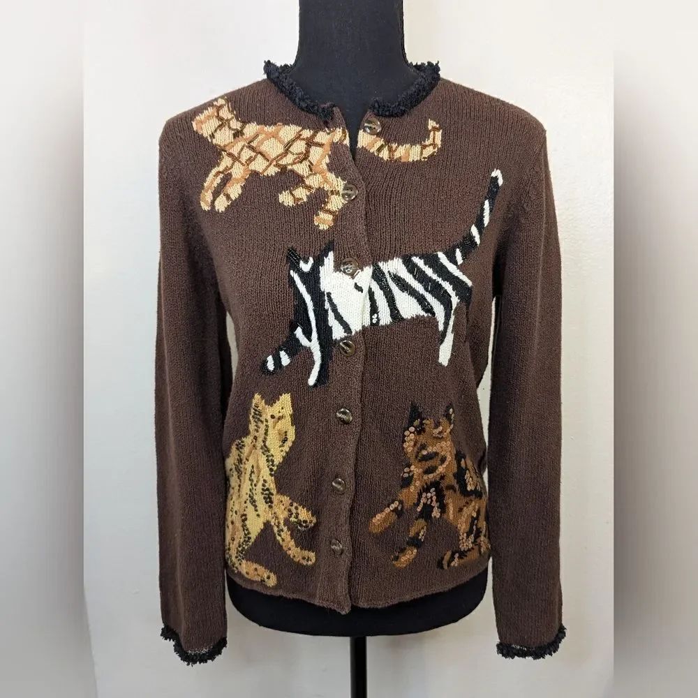 Susan Bristol Y2K Cat Animal Lover Feline Quirky Beaded Sequins Sweater S